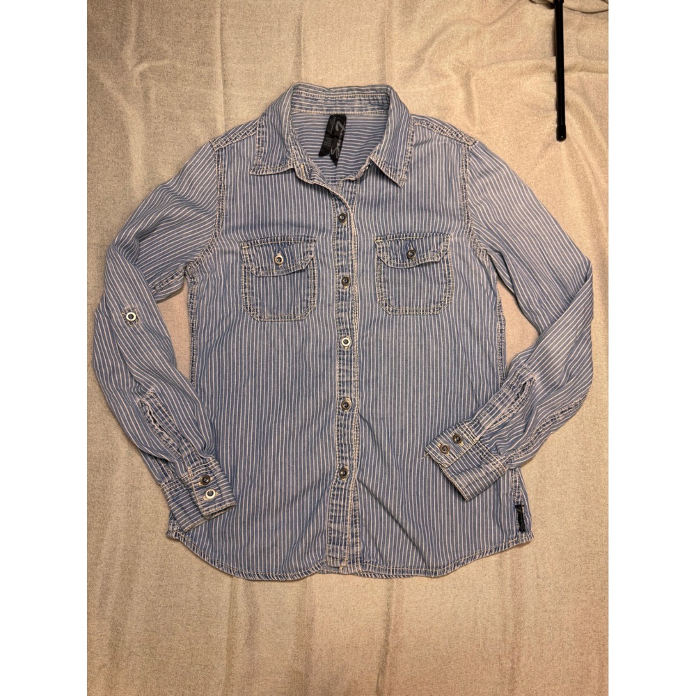 Seven7 Womens Blue White Striped Denim Button Down Shirt Roll Tab Sleeve Small